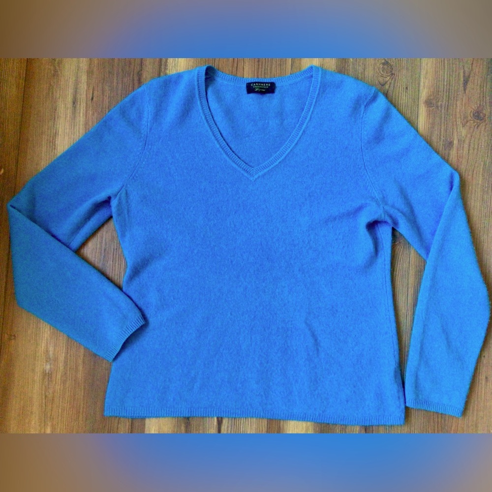 Charter Club Womens 100% Cashmere Luxury V-Neck Sweater L Large Blue Long Sleeve